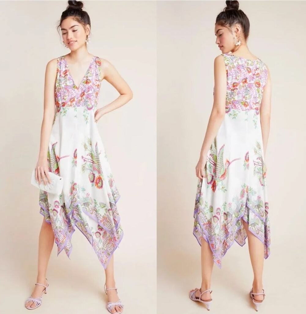 Anthropologie Analise Floral Midi Dress Handkerchief Hem Bird Floral Women's 12
